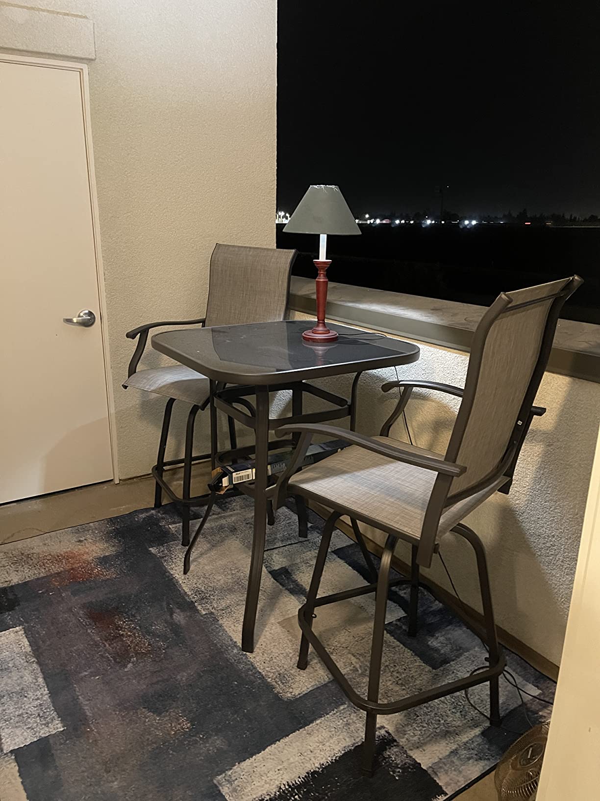 Vongrasig 3 Piece Patio Swivel Bar Set, All Weather Mental Textilene High Swivel Stools Chair Set of 2 and Glass Bar Table, Outdoor High Top Bistro Set for Lawn Garden, Balcony, Taupe customer photo 2