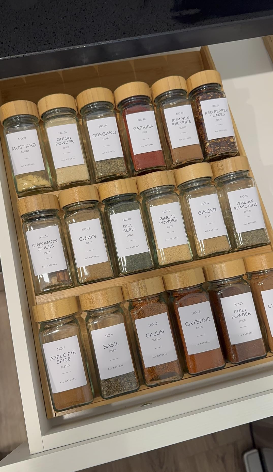 NETANY 24 Pcs Glass Spice Jars with Bamboo Lids, 4 oz Glass Jars with Minimalist Farmhouse Spice Labels Stickers, Collapsible Funnel, Seasoning Storage Bottles for Spice Rack, Cabinet, Drawer customer photo 1