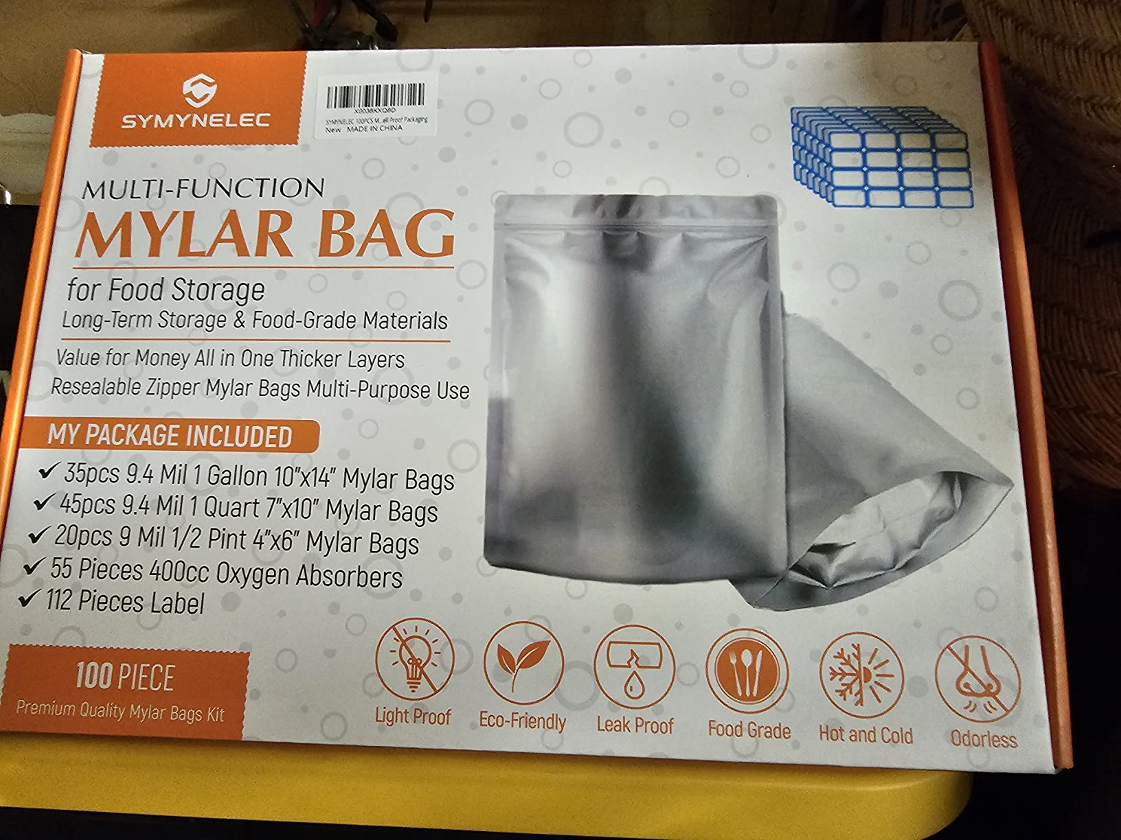 SYMYNELEC 100-Pack Mylar Bags with 400cc Oxygen Absorbers for Food Storage | 11.8 Mil Heavy Duty, 3 Sizes (1 Gallon, 1 Quart, 1/2 Pint), Stand-up Zipper, Resealable, Heat Sealable, Airtight, Smell Proof customer photo 1