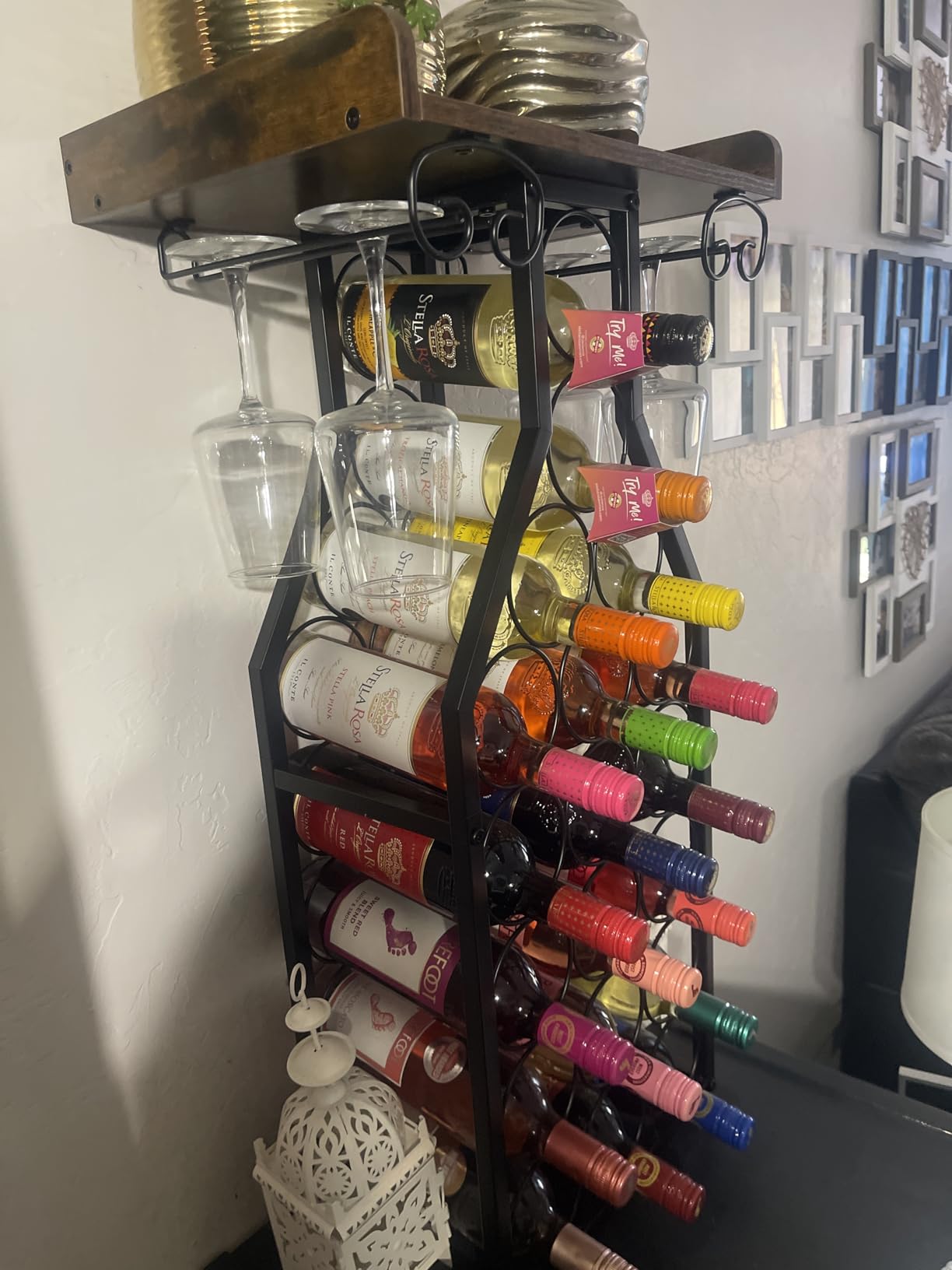 X-cosrack Wine Rack Freestanding Floor, Mini Bar Table Wine Holder Stand Liquor Cabinet with Glass Holder Wood Tabletop 14 Bottles Floor Wine Storage for Home Bar Kitchen Living Room customer photo 1