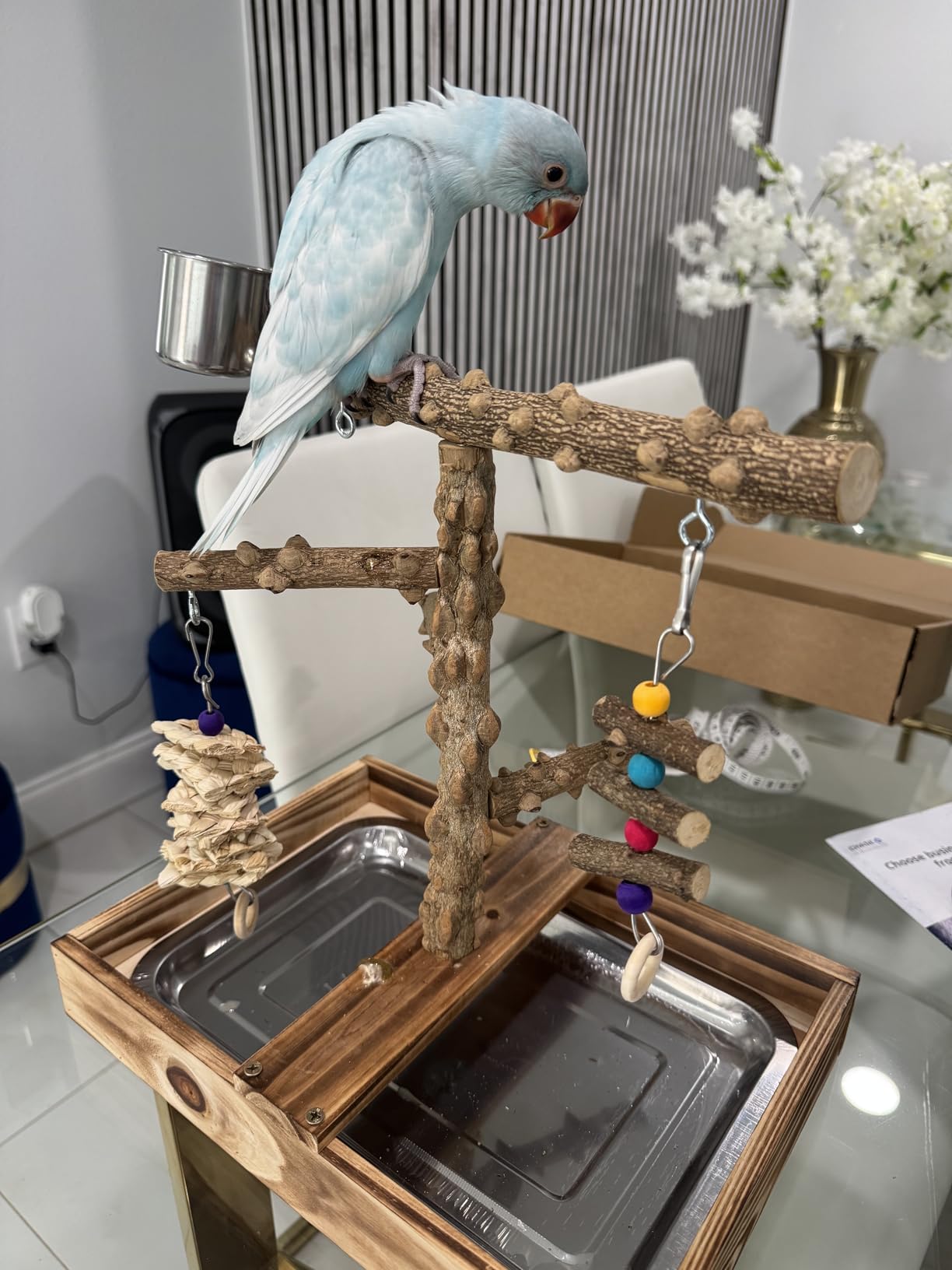 LIMIO Natural Wood Bird Toys Playground, Bird Cage Accessories, Bird Perches, with Removable Tray and 2 Stainless Steel Cups customer photo 1
