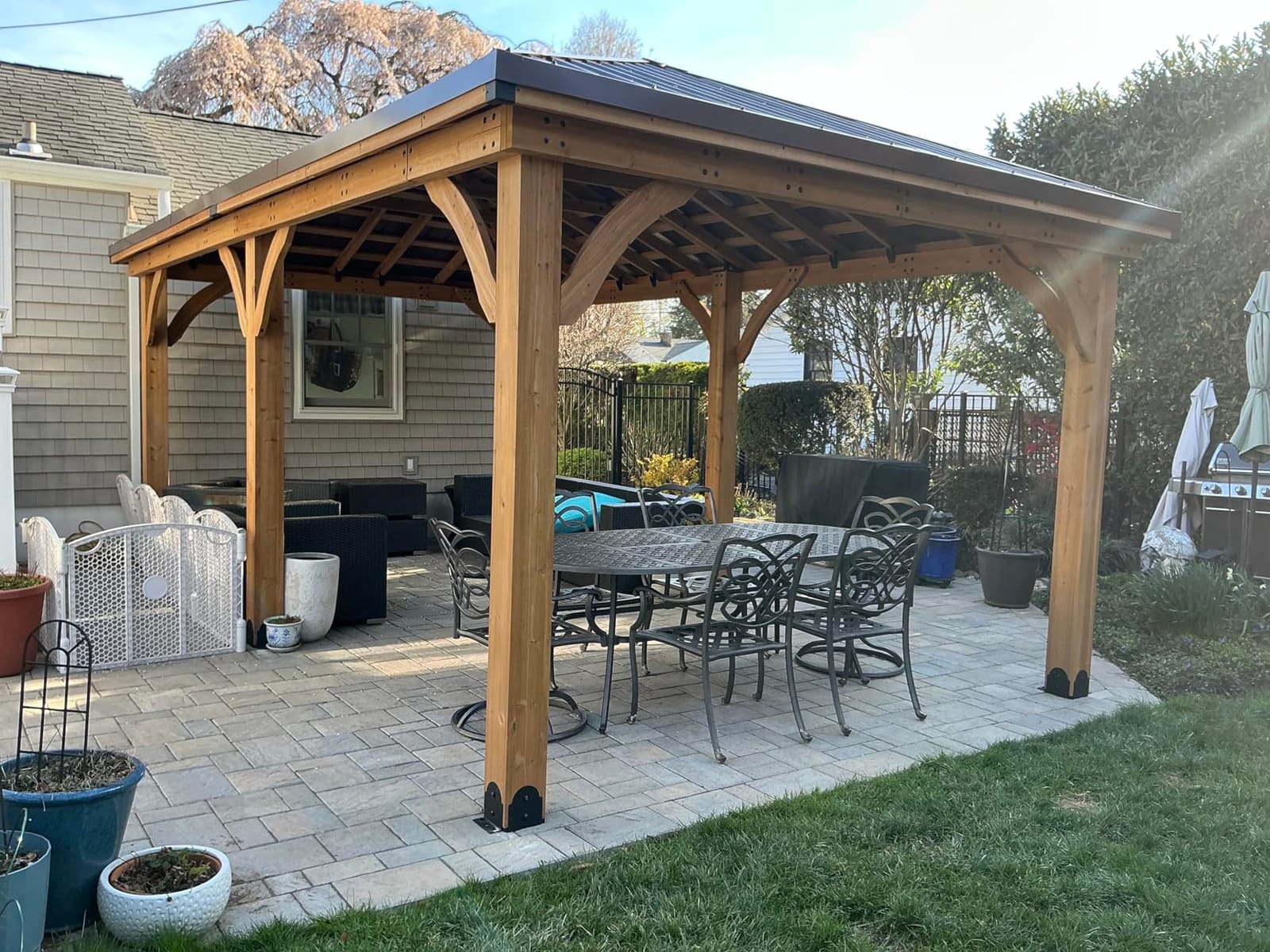 Backyard Discovery Barrington 14' x 12' Cedar Wood Outdoor Gazebo Pavilion with Hardtop Galvanized Steel Hip Roof, Snow Support, Wind Resistance, PowerPort, Shade for Garden, Patio, Deck, Entertaining customer photo 2