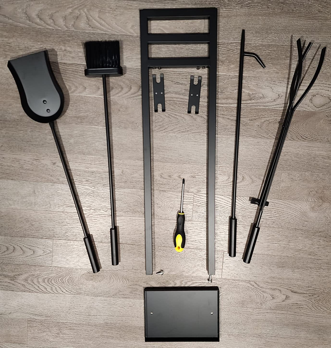 FEED GARDEN Fireplace Tools Set 5 Pieces, 30 Inch Modern Wrought Iron Outdoor Fireplace Accessories Set Long Holder Indoor with Poker, Tongs, Shovel, Brush, Base Black customer photo 2