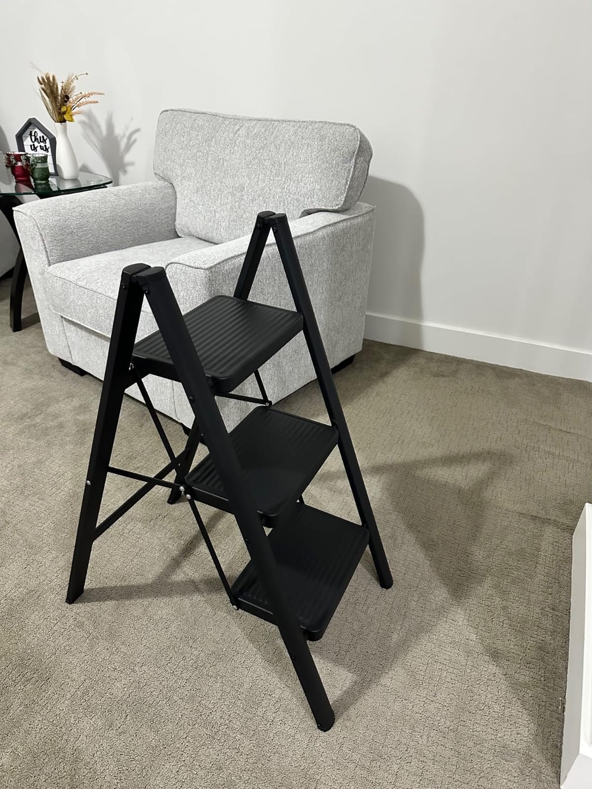 Double Elite Folding 3 Step Ladder, Sturdy Small Step Stool for Adults, Safer Full Steel Multi-use Kitchen Ladder for Home, Closet Step Stool Ladder with Wide Pedals, Black, 3-Step customer photo 2