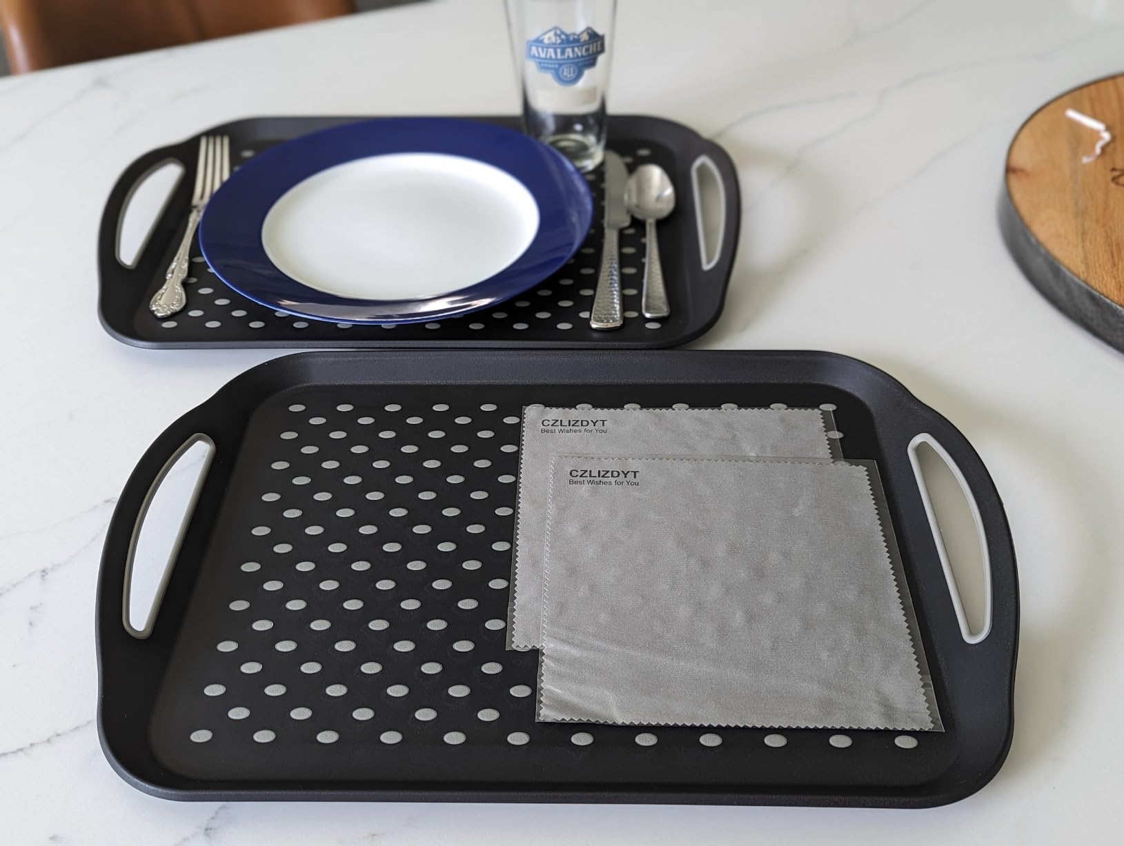 Large Nonslip Serving Tray with Handles, Silicone Grippy Dots Lap Food Trays for Eating, Dishwasher Safe Serve for Breakfast Dinner Snack Fruit Appetizers Beverage, Rectangular, Set of 2, Black customer photo 1