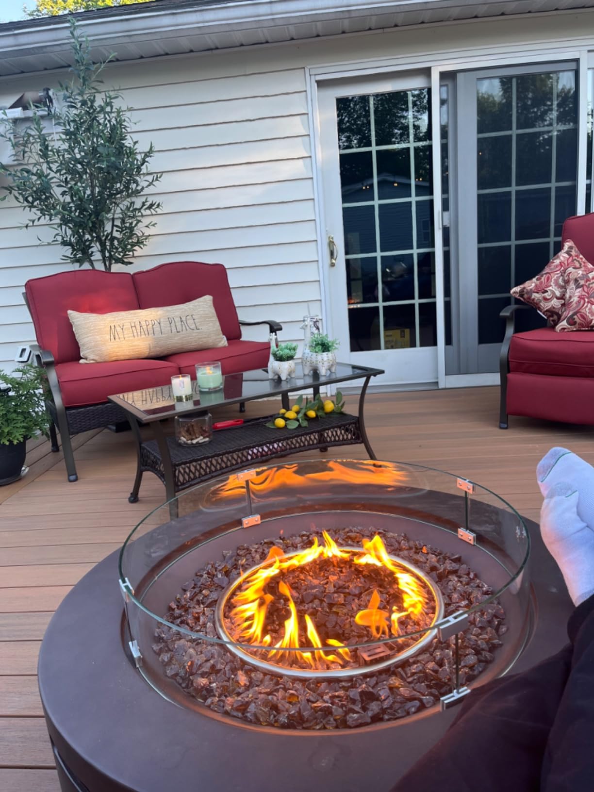 COSIEST Outdoor Propane Fire Pit Table, 56-inch x 28-inch Rectangle Terrazzo White Concrete-Like Finish, Certified, 50,000 BTU Stainless Steel Burner w Blue Fire Glass, Wind Guard, Raincover customer photo 1