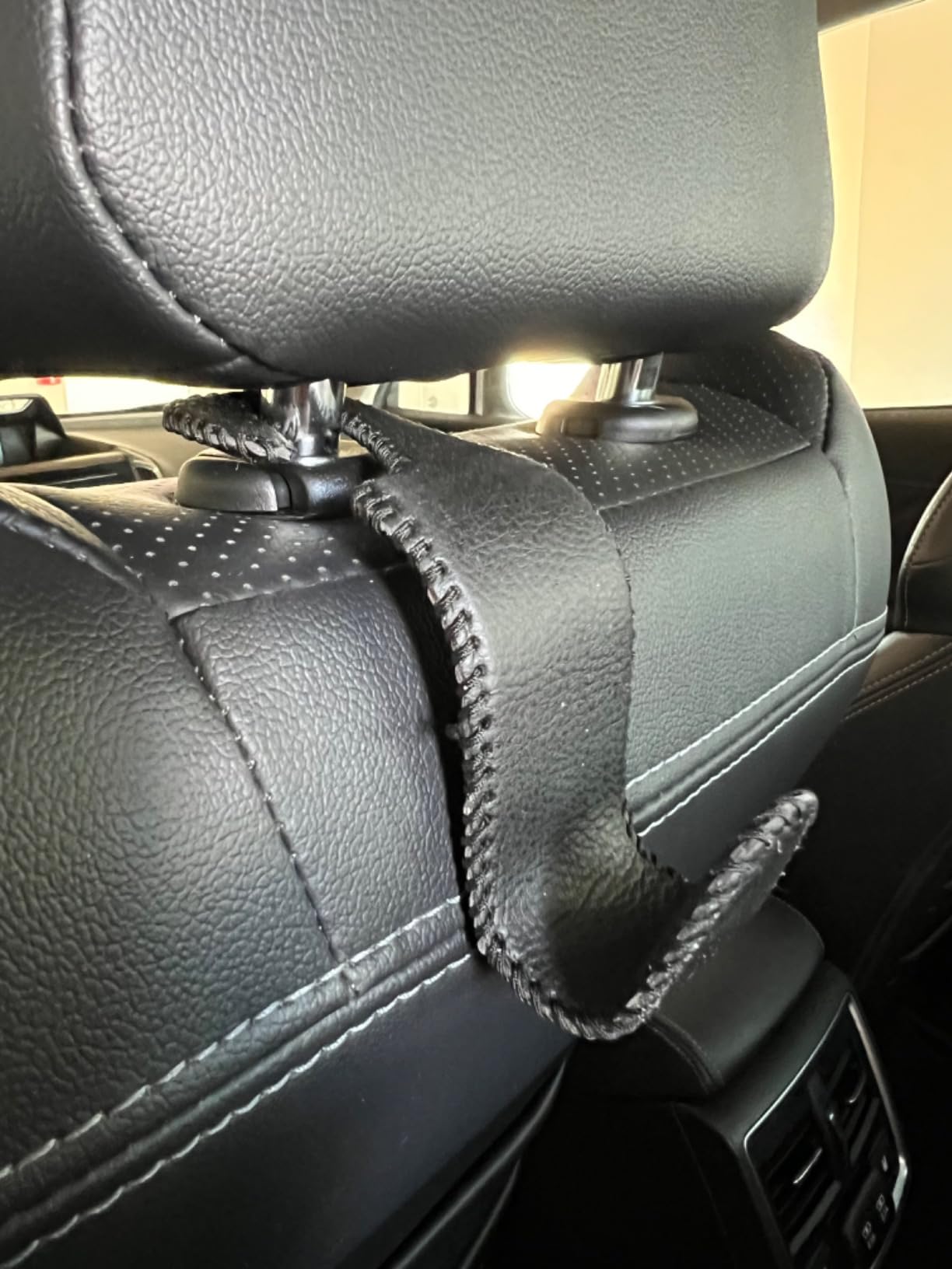 Car Seat Headrest Hook 55lb Heavy Duty Metal Hanger with Leather for Bags | Universal Fit car SUV Truck, Premium Microfiber Leather, Metal Core, Hang Purses Groceries Handbag Backpack, 2 Pack Black customer photo 1