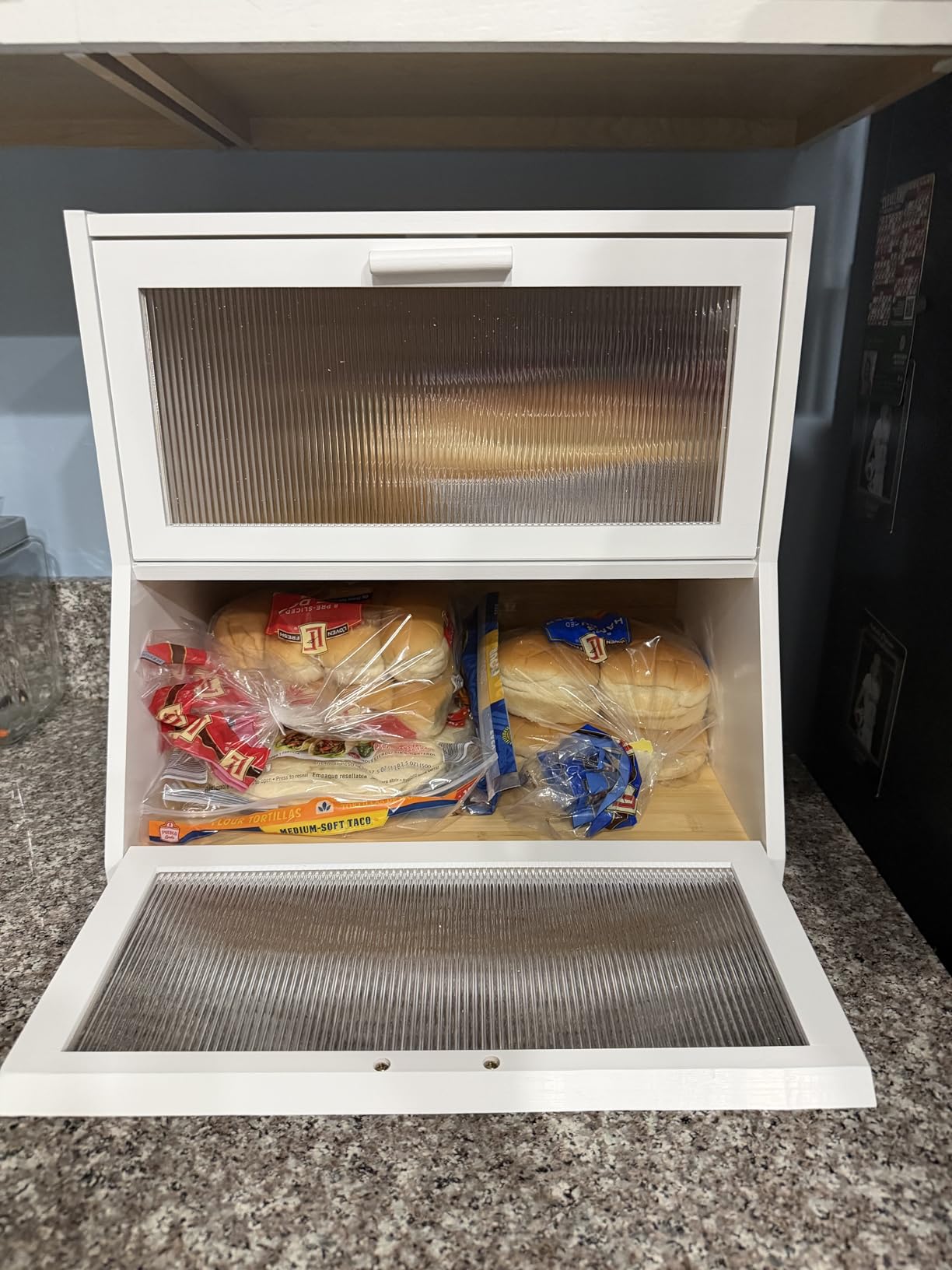 GHWIE Double Layer Bamboo Bread Box for Kitchen Counter,Large Capacity Bread Storage Bin,Bread Container with Acrylic Wavy Door Panel (Natural, Medium) customer photo 2