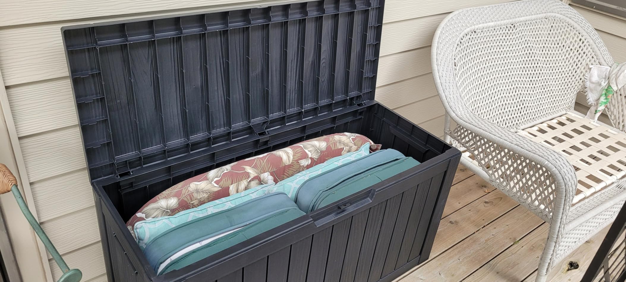 ROJIK Outdoor Storage Housing Deck Box - Waterproof Patio Furniture, Garden Tools, Cushions, Pool Accessories Storage Bench with Lockable Lid and Side Handles (Black, 200 Gal) customer photo 1