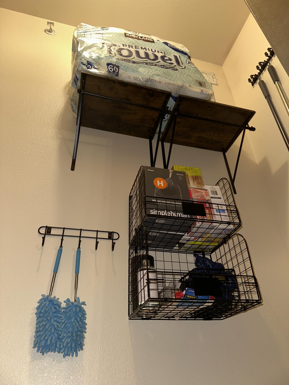 Laundry Room Shelves Wall Mounted with Wire Baskets, Over the Washer and Dryer Shelf with Clothes Drying Rack, Wire Shelves Baskets for Laundry Closet Organization and Storage, Wood+Metal, Black customer photo 2