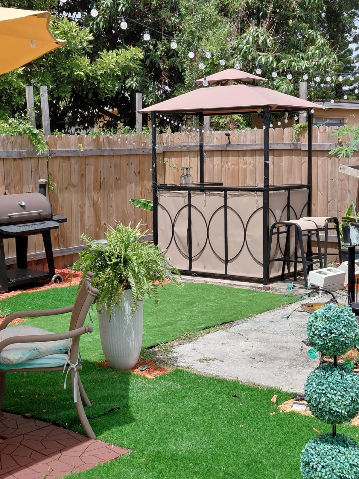 Tangkula 3-Piece Patio Bar Set, Grill Gazebo & 2 Bar Stools with Tempered Glass Bar Table, Metal Storage Shelves, Glass Holders, Double-Tier Soft Top Canopy BBQ Gazebo Shelter for Patio Garden (Grey) customer photo 1