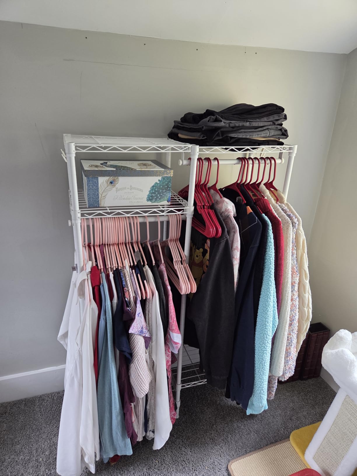 F1 Clothes Rack for Kids, Baby, Students, and Children's Room, 4 Tiers Portable Metal Closet Clothing Rack, Small Garment Rack with 2 Hanging Rod, 31.2