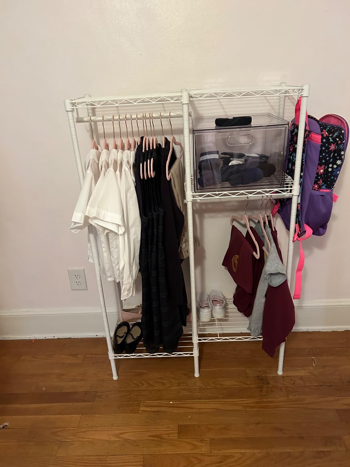 F1 Clothes Rack for Kids, Baby, Students, and Children's Room, 4 Tiers Portable Metal Closet Clothing Rack, Small Garment Rack with 2 Hanging Rod, 31.2
