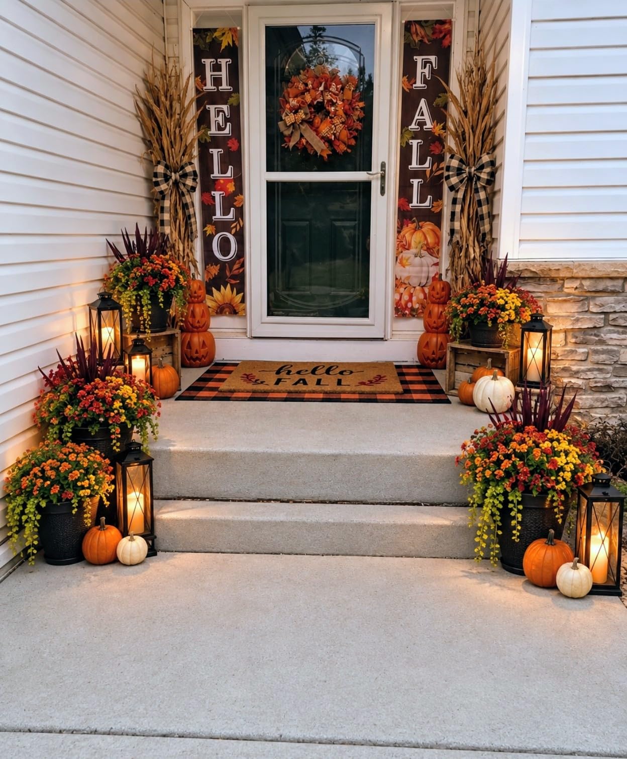 Fall Flowers Artificial Mums for Outdoors Autumn Decor, 12 Bundles Fake Fall Mums with 1 pcs Burgundy Grass UV Resistant Realistic Faux Flowers for Outside Home Porch Patio Planter Yard, Orange Yellow customer photo 2