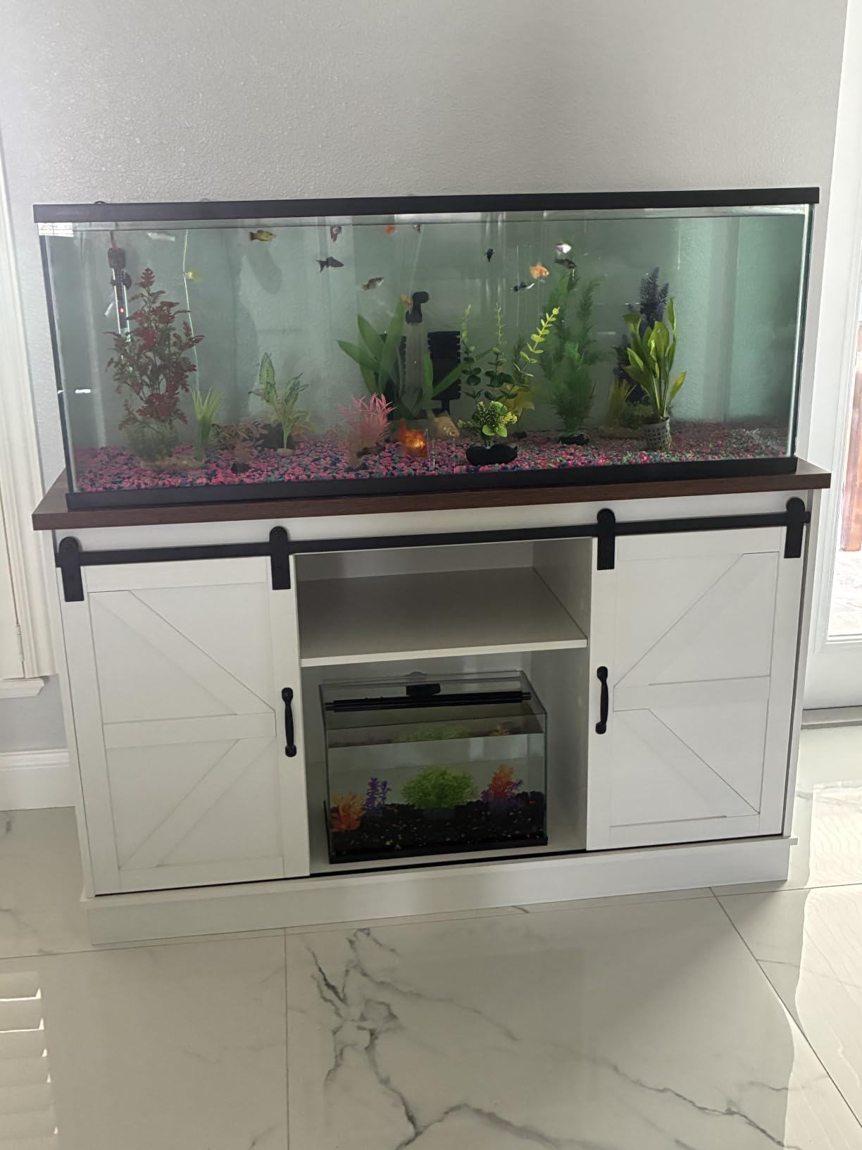 Hlivelood Farmhouse 55-75 Gallon Fish Tank Stand with Power Outlet, Aquarium Stand w/Cabinet&Sliding Barn Door, Heavy Duty Reptile Tank Stand for Fish/Turtle/Reptile Terrarium, 1000LB Capacity, Grey customer photo 2