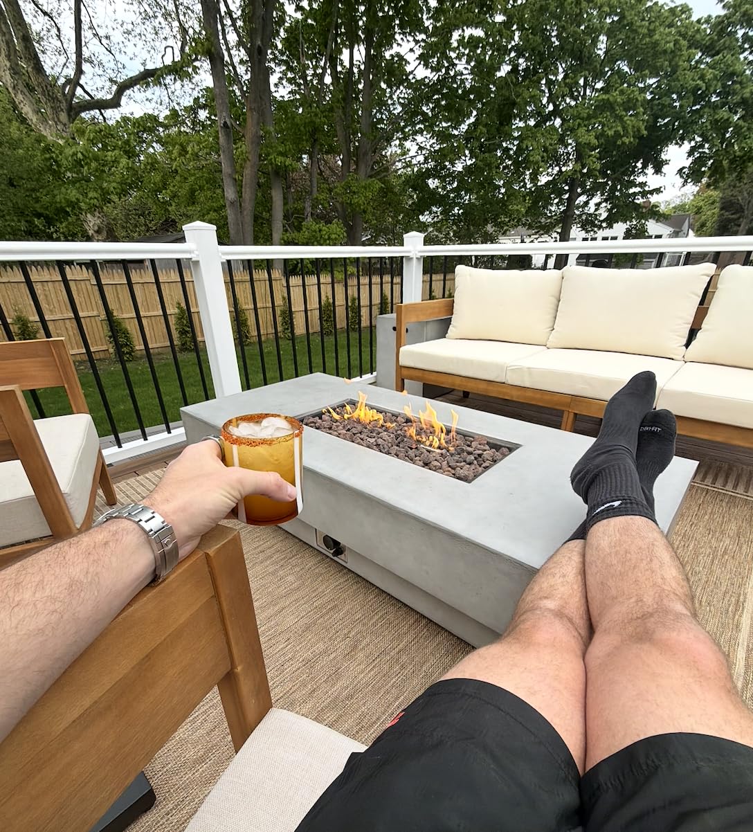 60-inch Outdoor Propane Fire Pit Coffee Table with Tank Cover, 50,000 BTU Concrete Rectangle Modern Outside Fire Table, Auto-Ignition, Included Lava Rocks, Metal Lid & Waterproof Cover customer photo 1