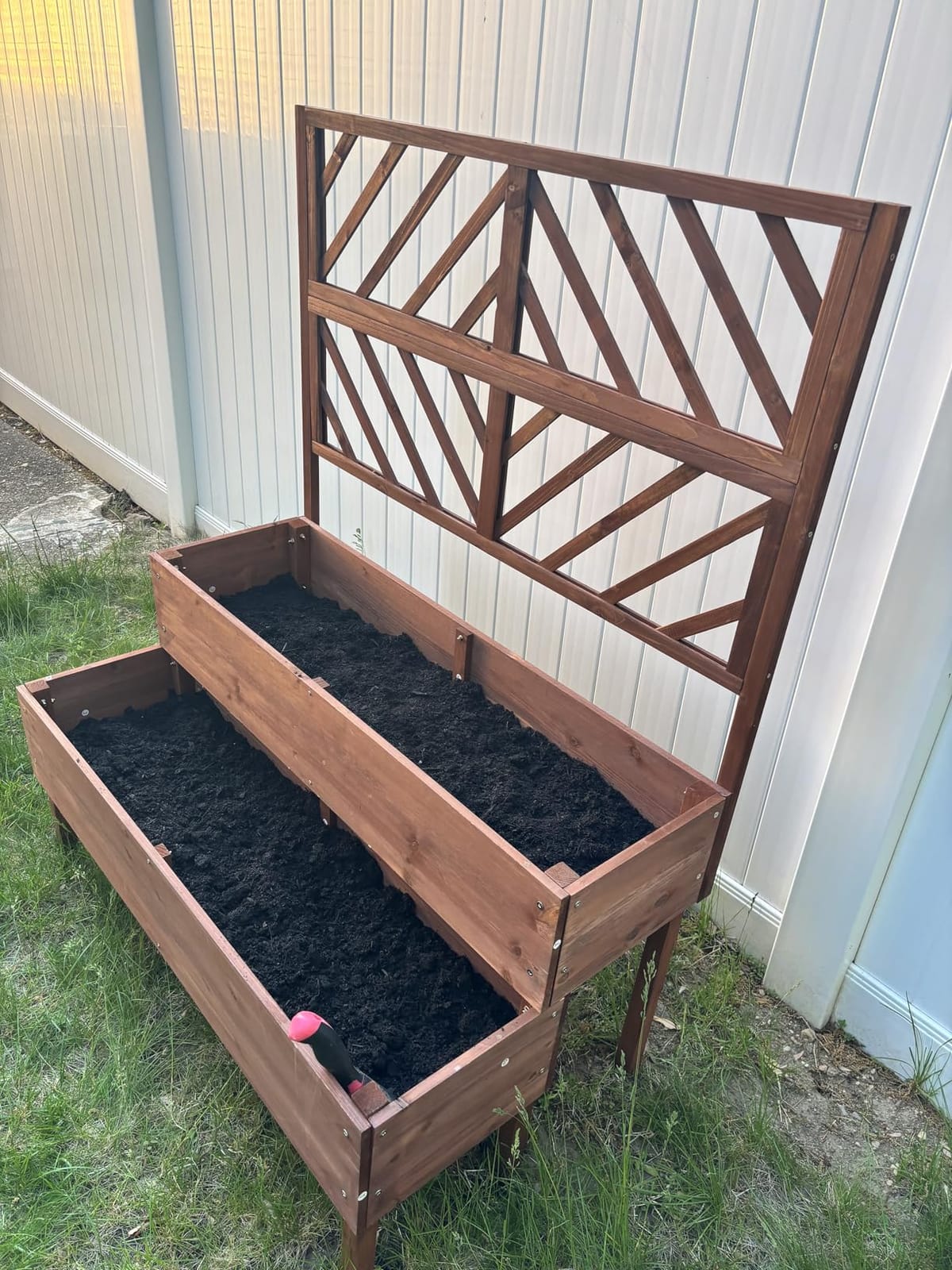 Raised Garden Bed with Trellis & 2 Planter Boxes, 2-Tier Outdoor Wooden Elevated Planter Box with Legs & Drainage Holes, Gardening Planters for Flowers, Herbs, Vegetables & Fruits(Brown) customer photo 2