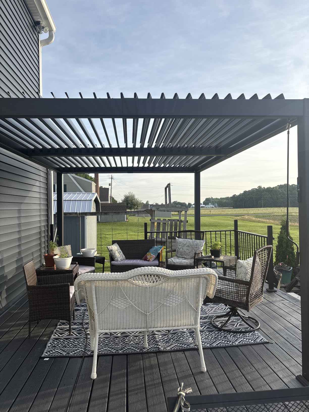PURPLE LEAF 92KS Louvered Pergola 10' x 12' with LED Strip Lights, Gray | Dual Louvers Control Sunlight, 70MPH Wind-Resistant, Rust-Resistant Aluminum Frame, Hidden Drainage System, Solar USB Power customer photo 1