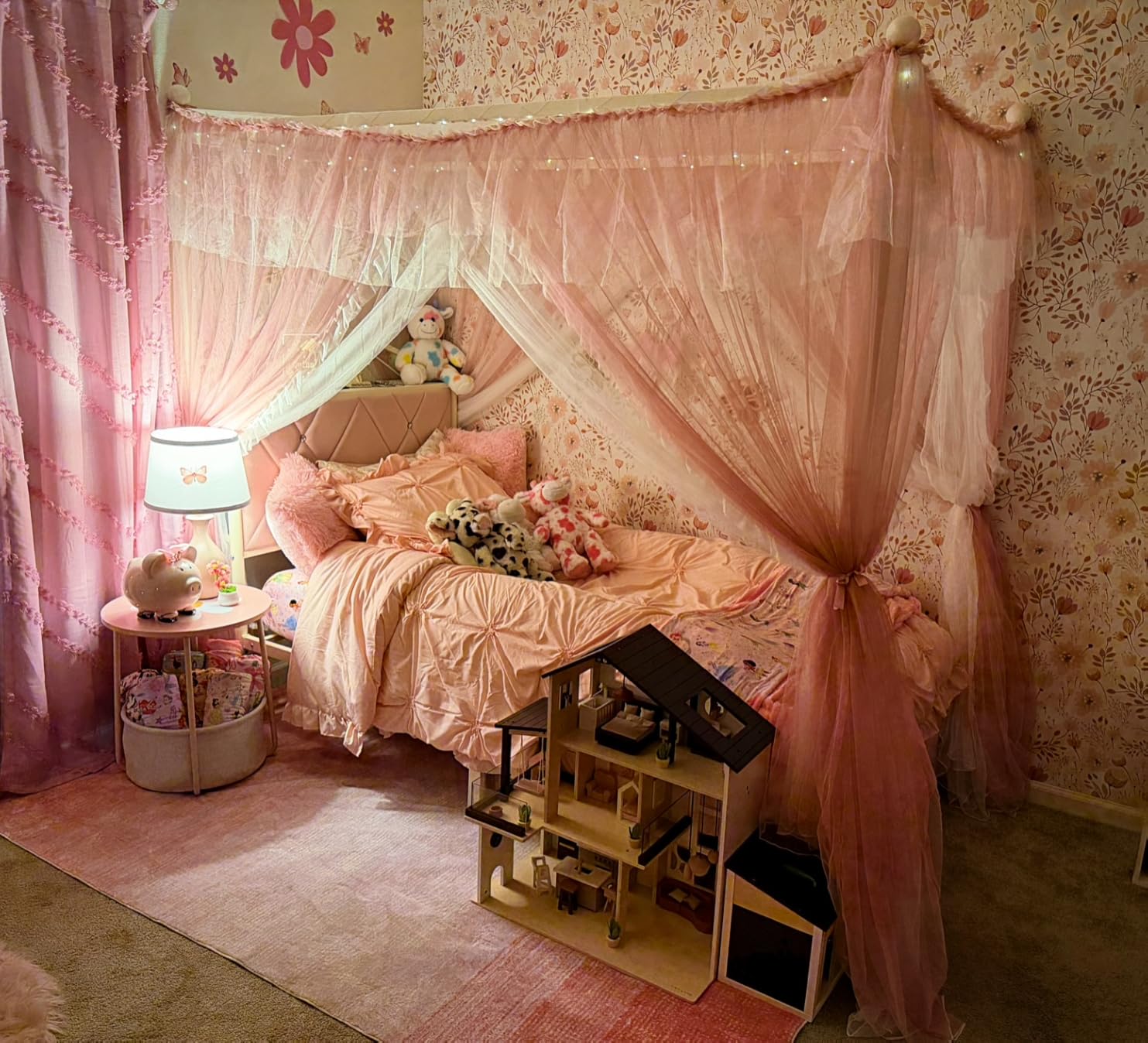 Twin Upholstered Canopy Bed Frame with Drawer & Crystal Tufted Storage Headboard Two-Purpose Metal Platform Bed with 4 Removable Posts & Charging Station Pink Princess Bed, Curtain Not Included customer photo 2