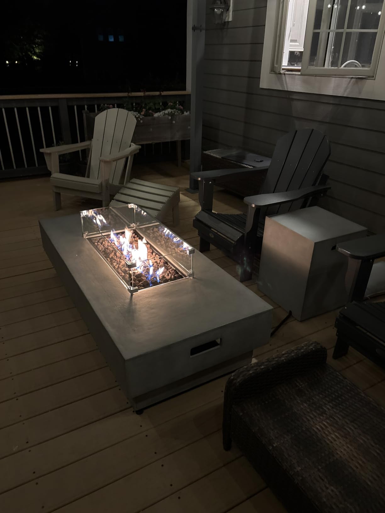 60Inch Fire Pit Table Propane with Tank Cover Windy Guard, 50,000 BTU Concrete Rectangle Firepit for Outside Patio with Metal Lid, Lava Rocks, Rain Cover, Backyard, Outdoor customer photo 1
