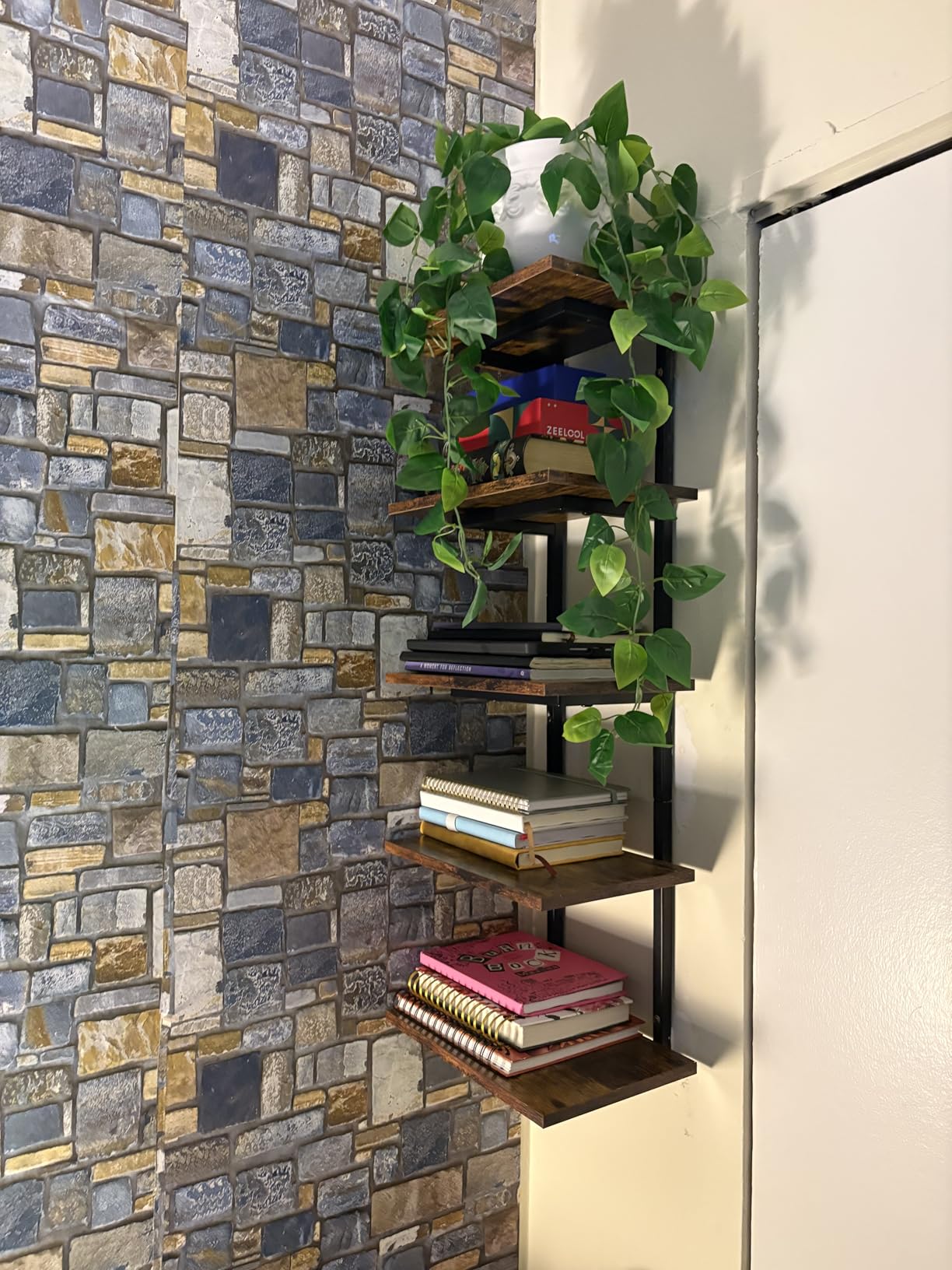 Harwaya 5 Tier Wall Bookshelf Unit for Bedroom Books, Large Floating Book Shelves Wall Mounted, Rustic Wood Lack Tiered Hanging Shelf for Kitchen Office Living Room Corner (Dark Brown) customer photo 1