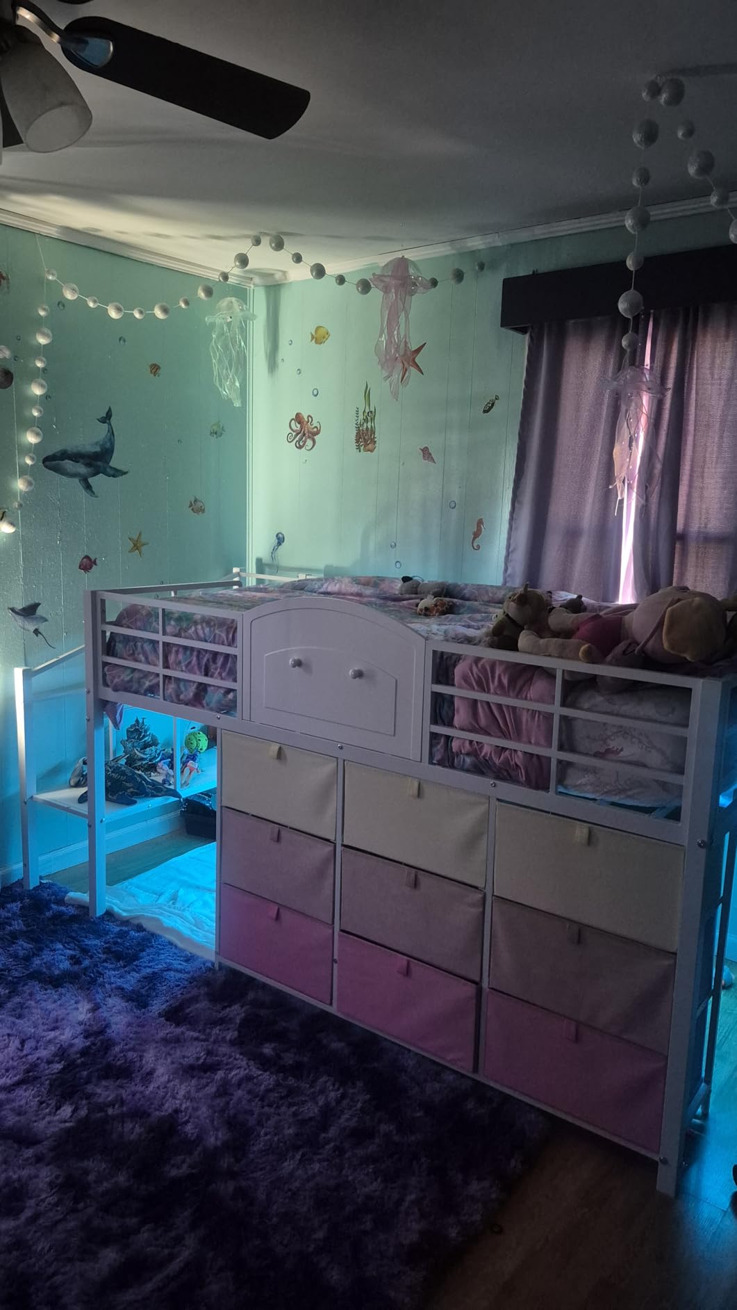 VIAGDO Low Loft Bed Twin Size with 9 Storage Drawers and LED Lights, Metal Twin Loft Bed with Stairway Shelf Storage, Low Loft Bed with Safety Guardrail and Under-Bed Hideaway for Kids, White customer photo 2