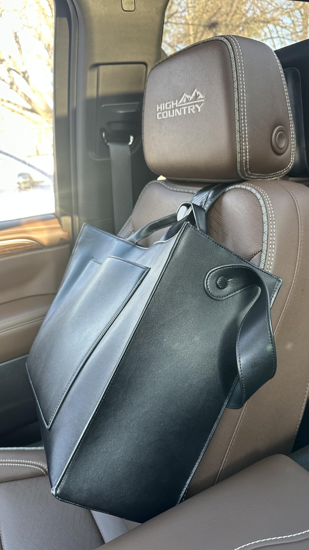 CoBak Extra Wide Car Seat Back Hooks, Premium Stitched Leather Headrest Hangers with Wide Slot Structure, Universal for Any-Width Purses, Handbags, Bags (2 Pack), Black customer photo 2