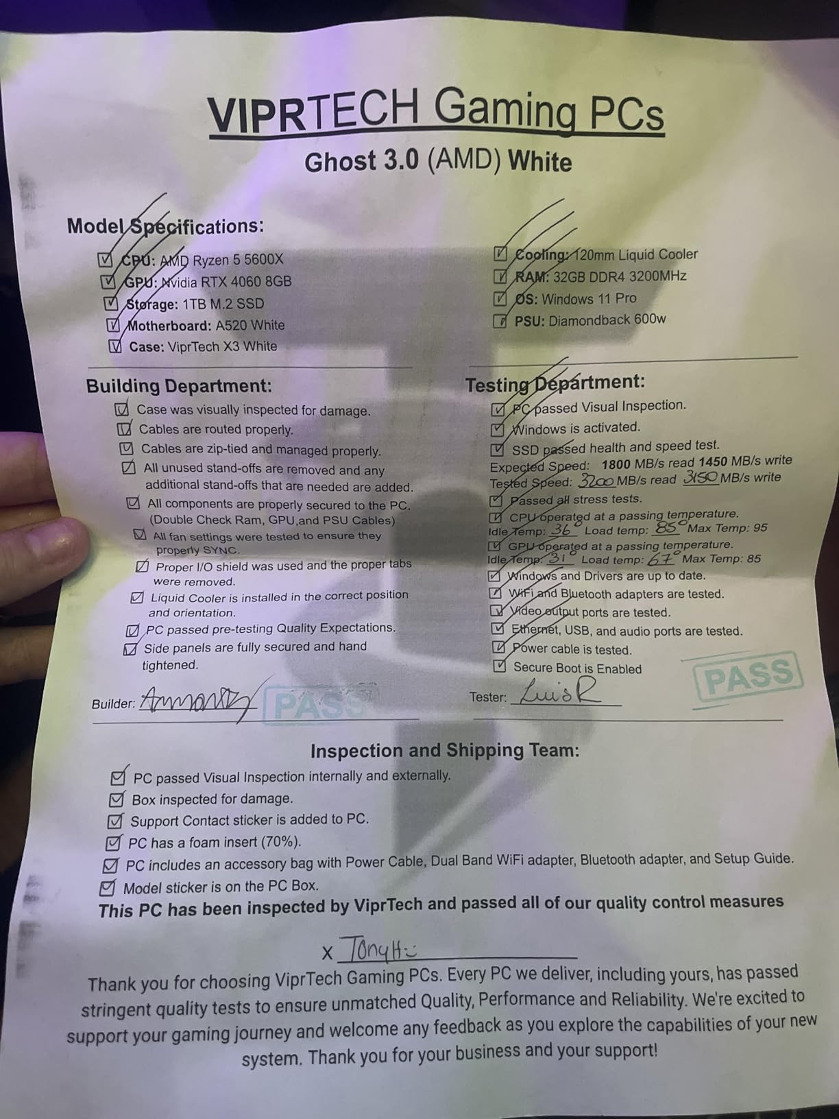 VIPRTECH Ghost 3.0 Gaming PC, Ryzen 7, RTX 4060 8GB, 16GB/1TB Arctic White customer photo 2