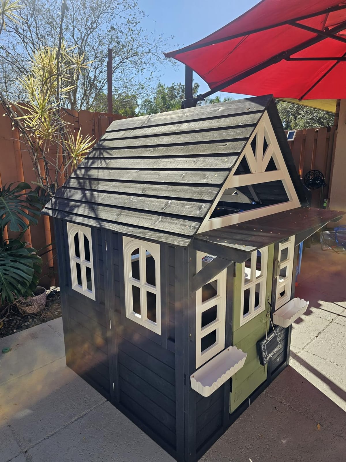 YOFE Kids Playhouse Outdoor,Wooden Play House Playset for Kids, Large, Sturdy, Realistic Design with Kitchen, Doorbell, Flower Pot, Stove, Sink & Clock, Perfect for Kid Ages 3-8 (Gray) customer photo 1