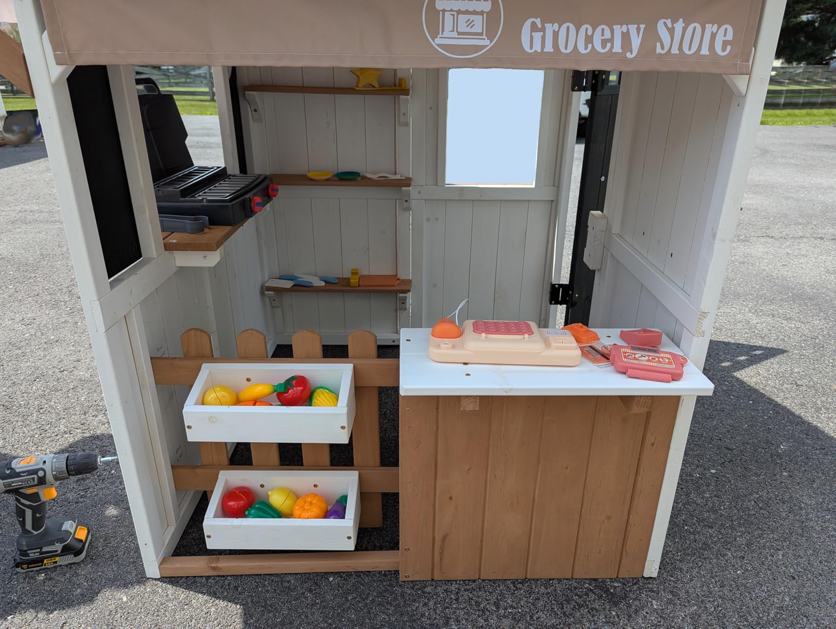 2-in-1 Kids Outdoor Playhouse, Cedar Wooden Grocery Store and Backyard Grill Station, Includes Play Food Cash Register Chalkboard and Mailbox, Imaginary Role Play Set for Kids Ages 3-6 customer photo 1